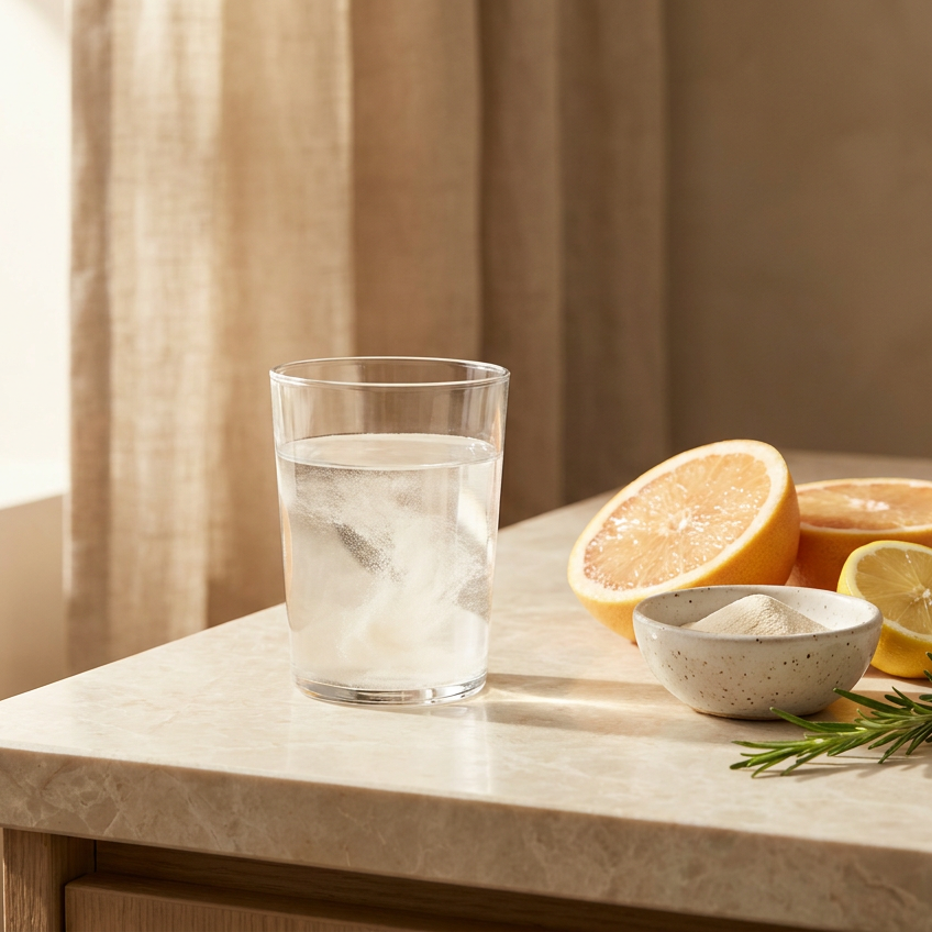 Collageenpoeder dat oplost in een glas water met citrus, van binnenuit voor de huid