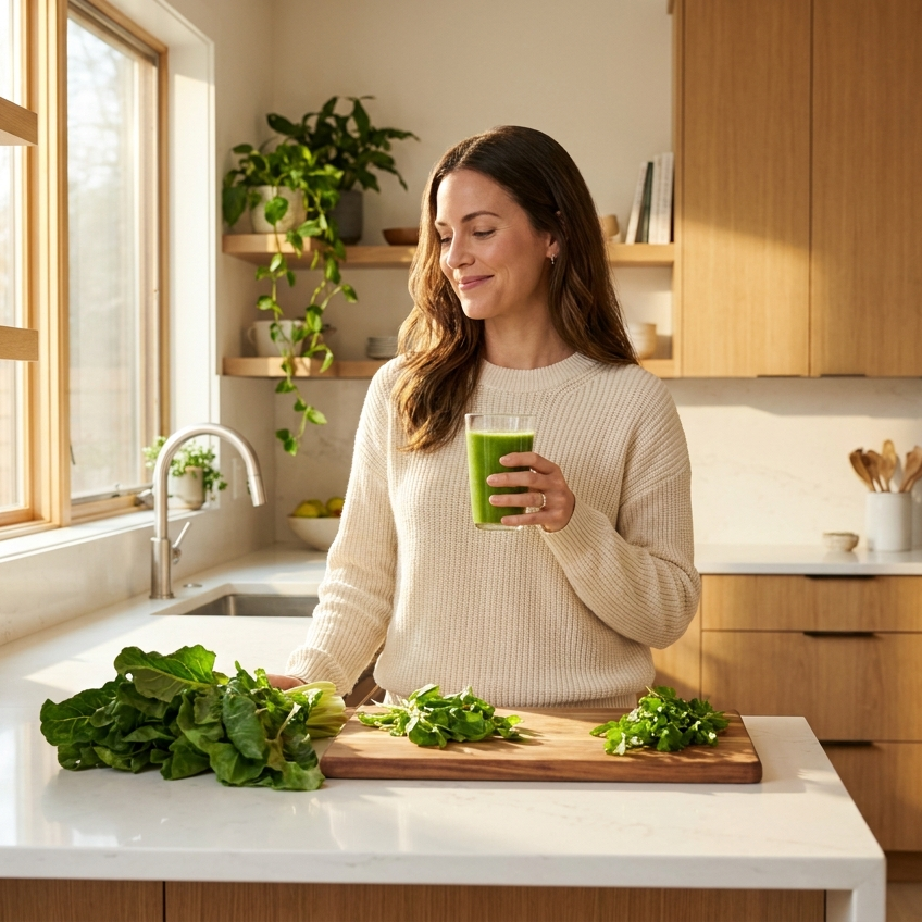 Vrouw met een glas groene drank in een lichte keuken