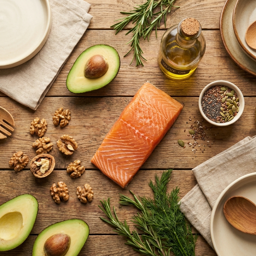 Flatlay met zalm, avocado, walnoten en olijfolie