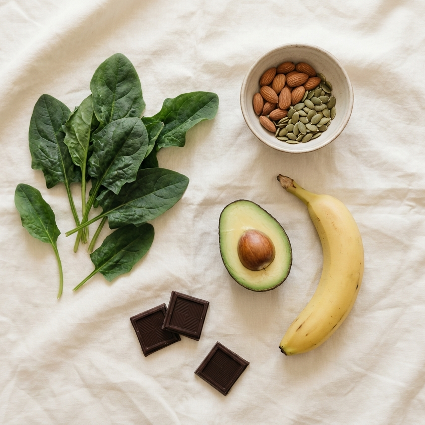 Flatlay met magnesiumrijke voeding: groene groente, noten en zaden