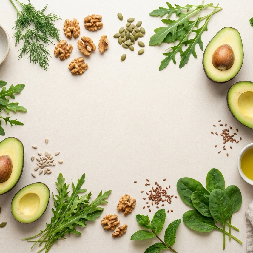 Flatlay met avocado, walnoten, zaden en groene groente
