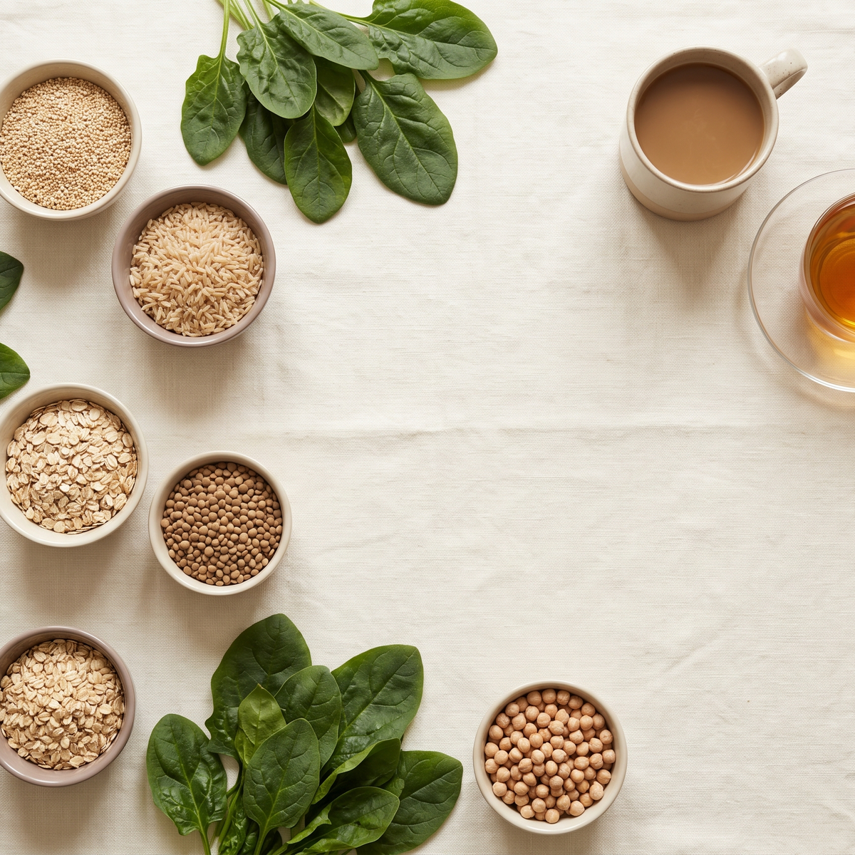 Flatlay met volle granen, peulvruchten, spinazie, noten, koffie en thee