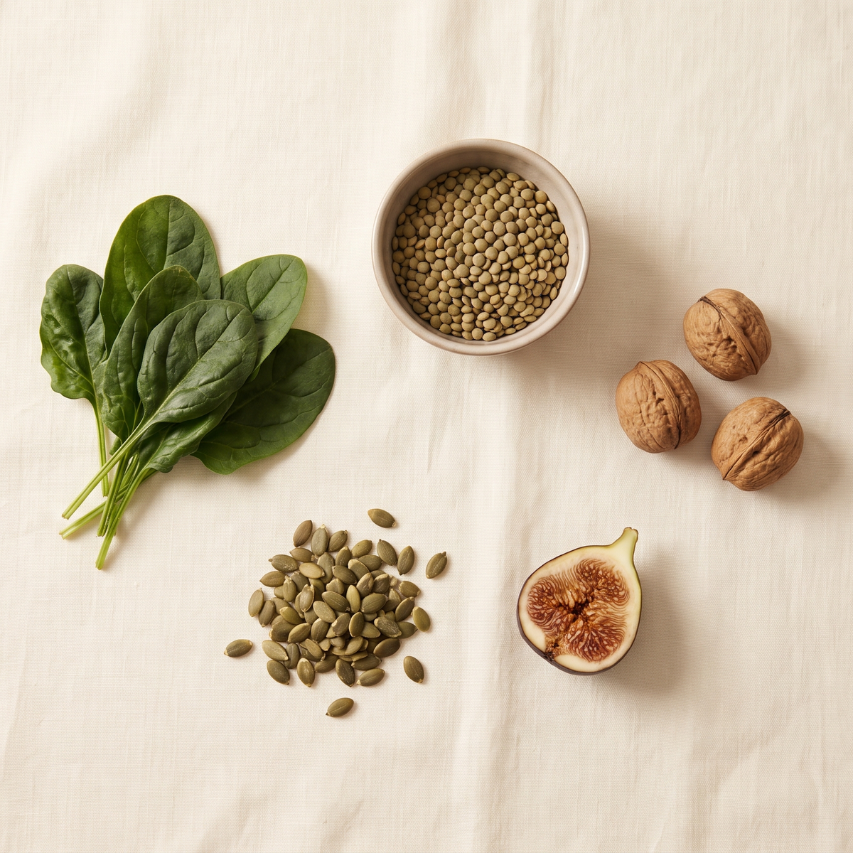 Flatlay met spinazie, linzen, pompoenpitten, walnoten en vijg