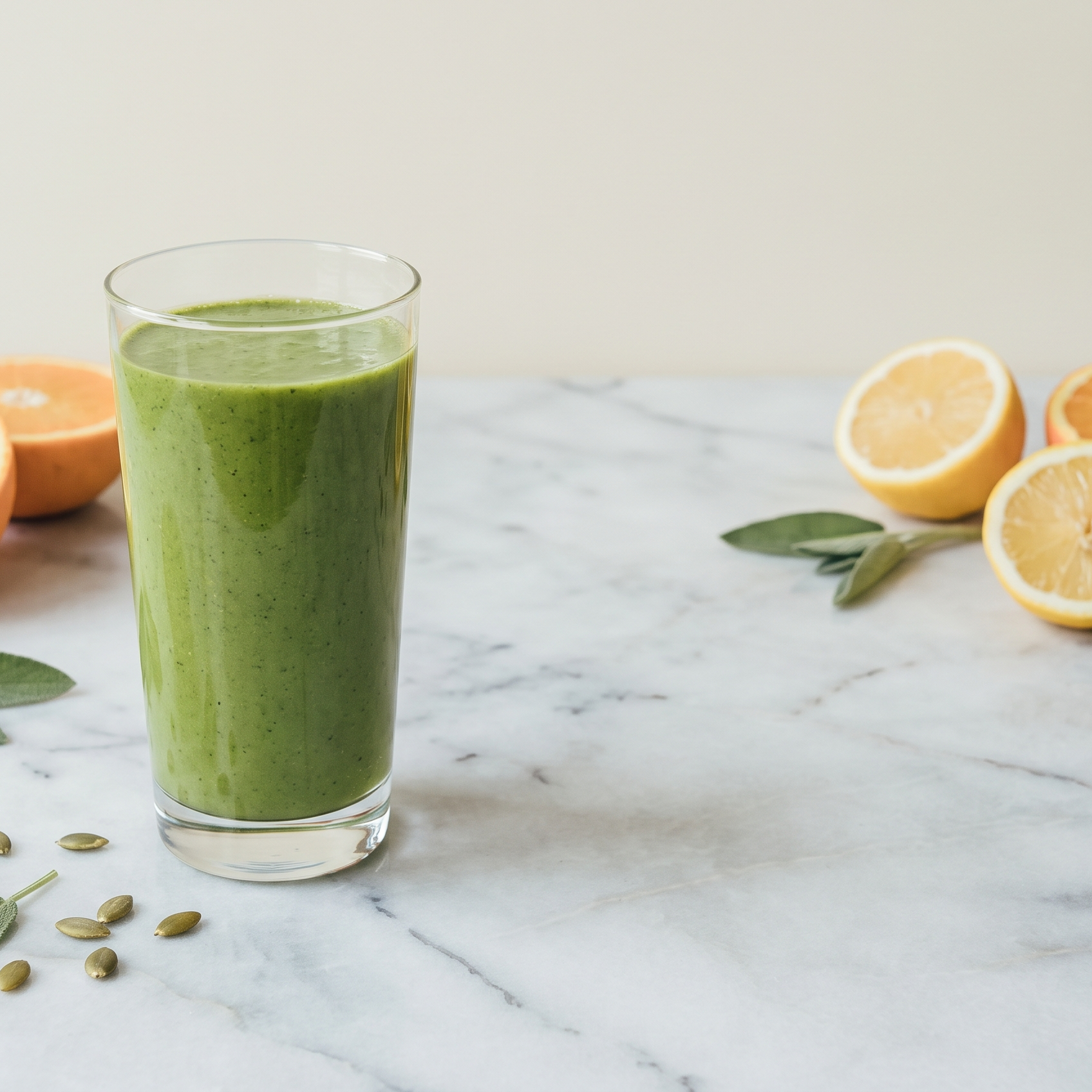 Groene drank met citrus en pompoenpitten op marmer