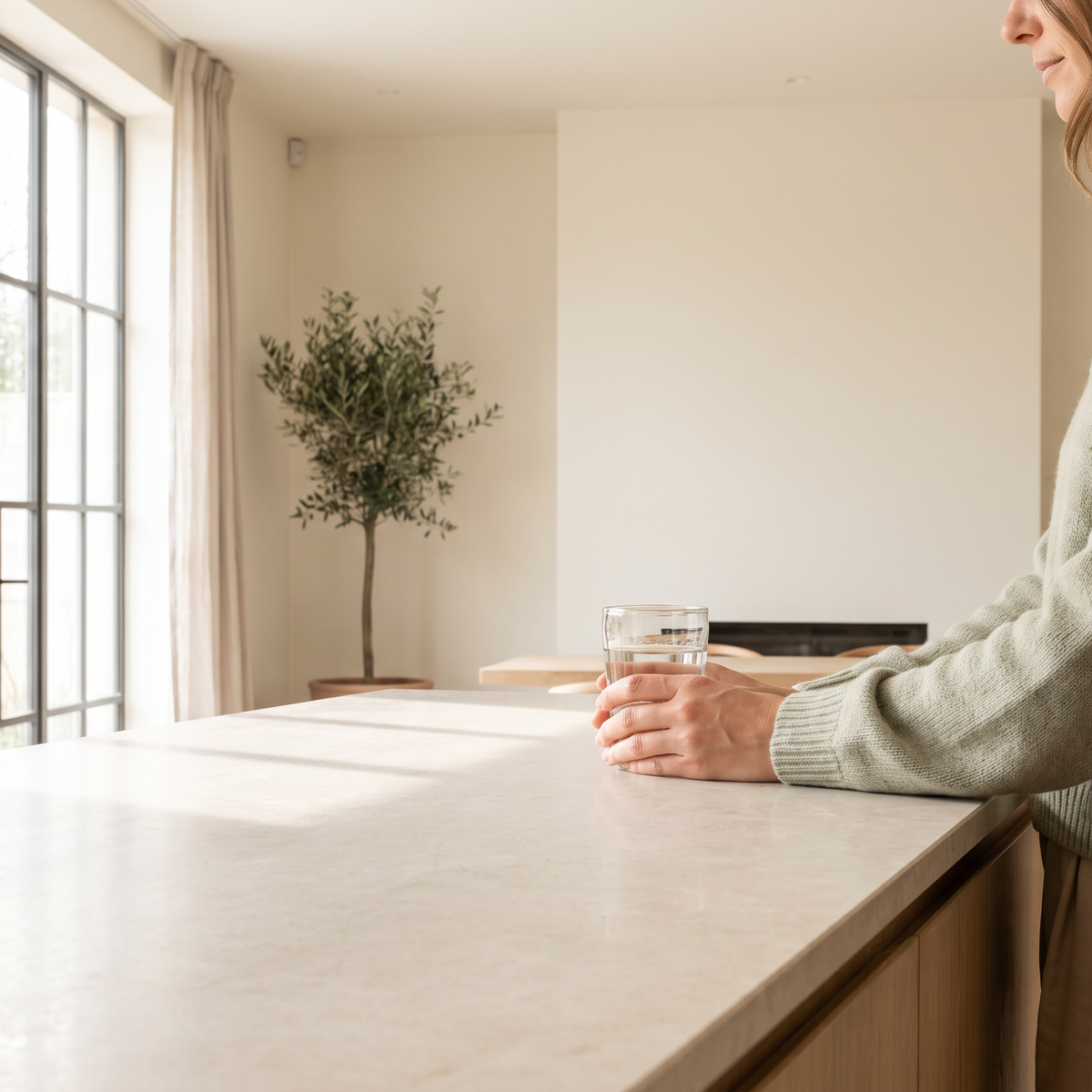 Ochtendzon door een hoog raam in een rustig, licht interieur