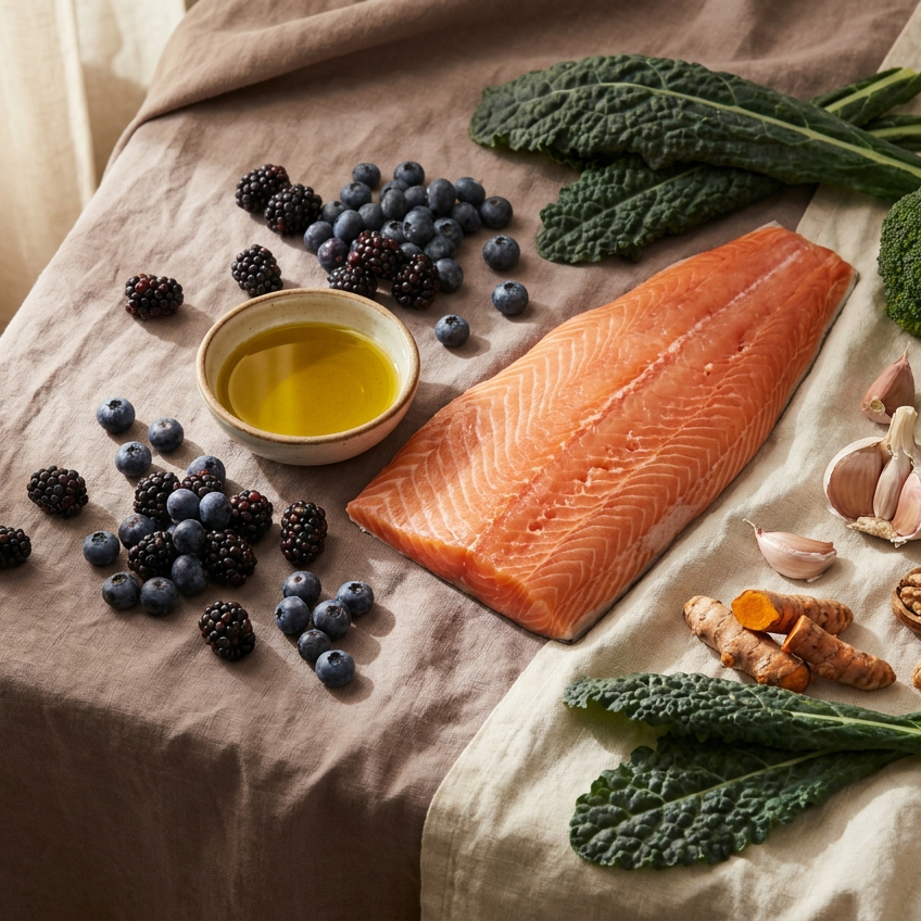 Editorial flatlay met zalm, bessen, broccoli, knoflook, kurkuma en walnoten op linnen