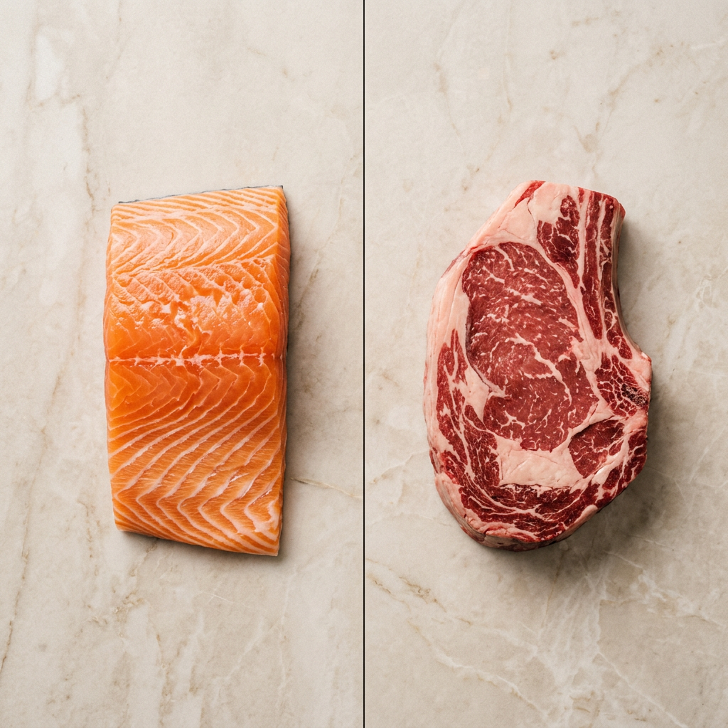 Verse zalmfilet en rundvlees naast elkaar als bron van marien en runder collageen