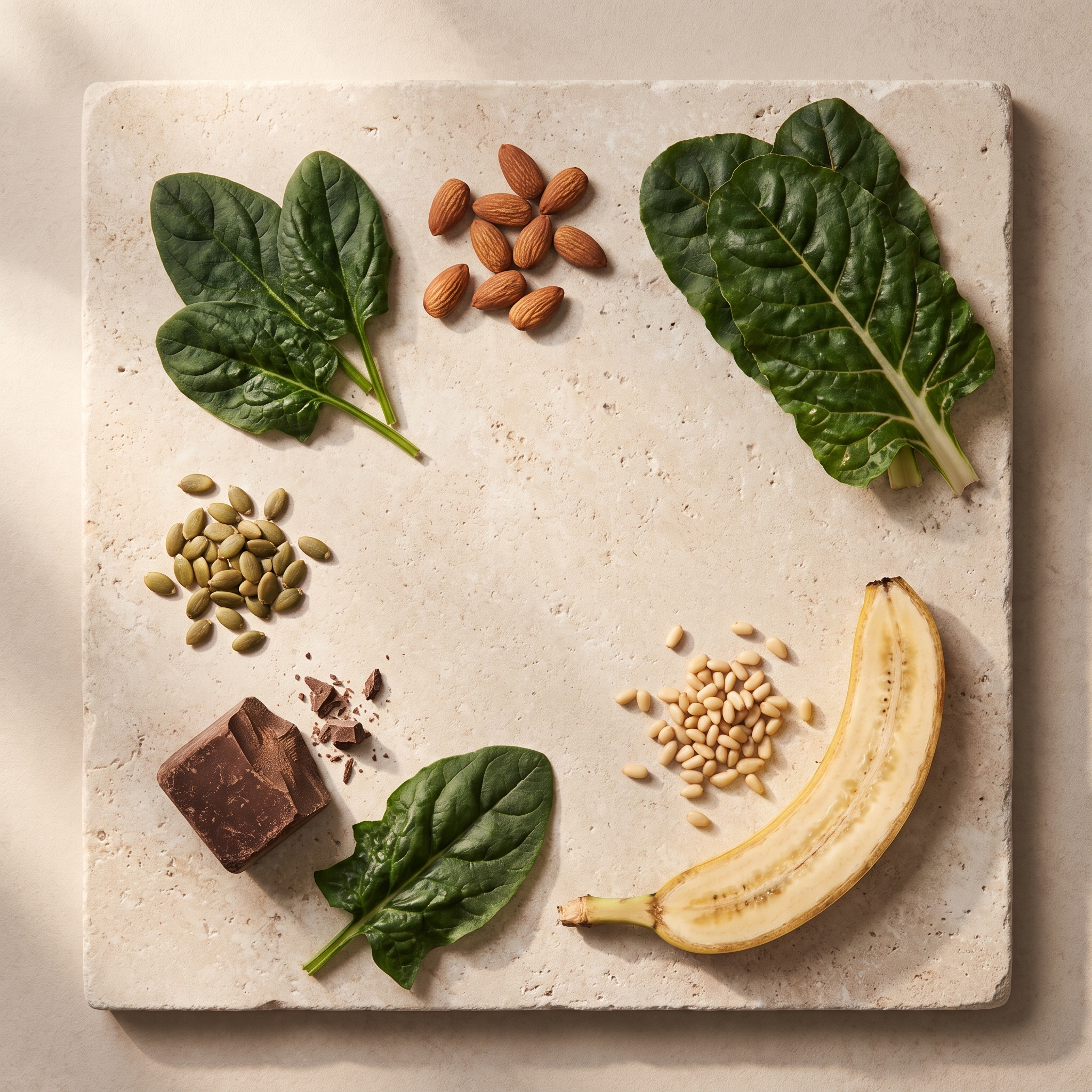 Flatlay met groene bladgroente, amandelen, pompoenpitten en rauwe cacao