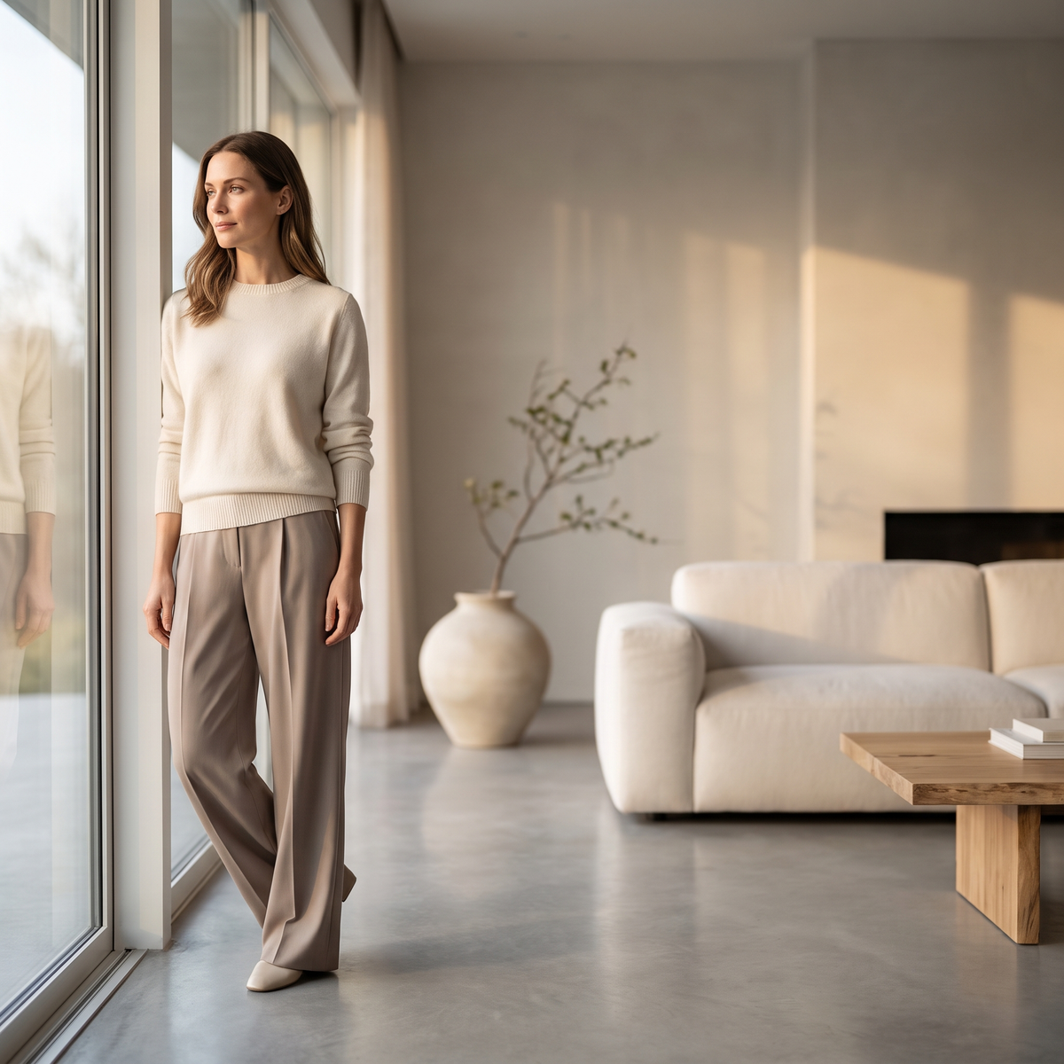 Vrouw bij een raam in een licht, rustig interieur
