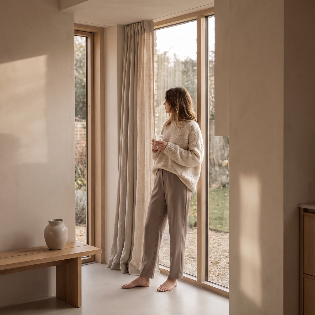 Vrouw met een glas water bij een hoog raam
