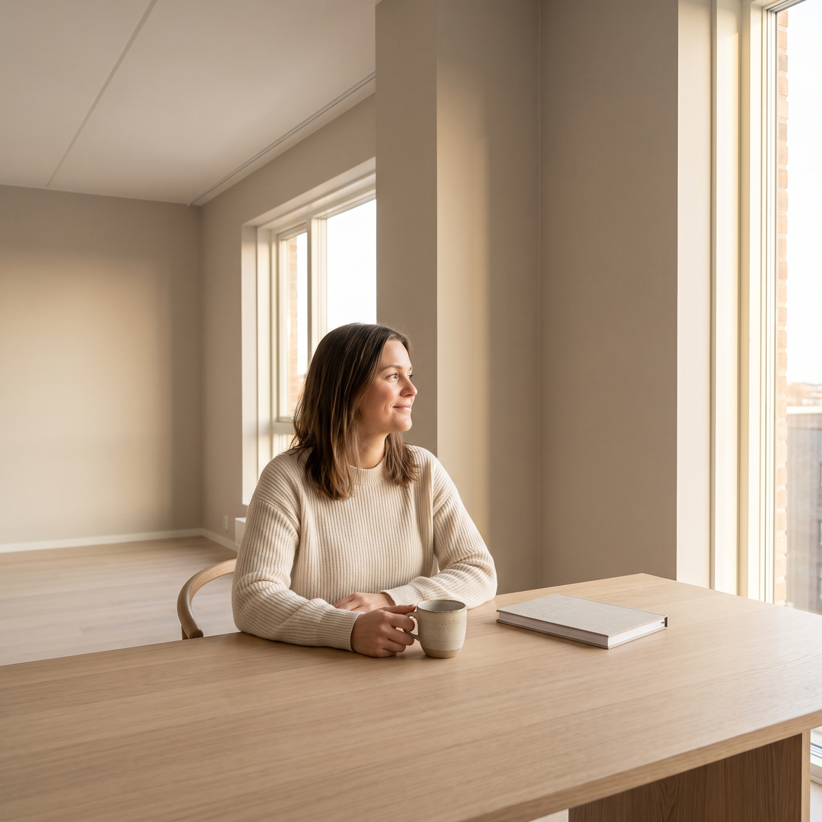 Vrouw aan een licht bureau bij het raam in de ochtend