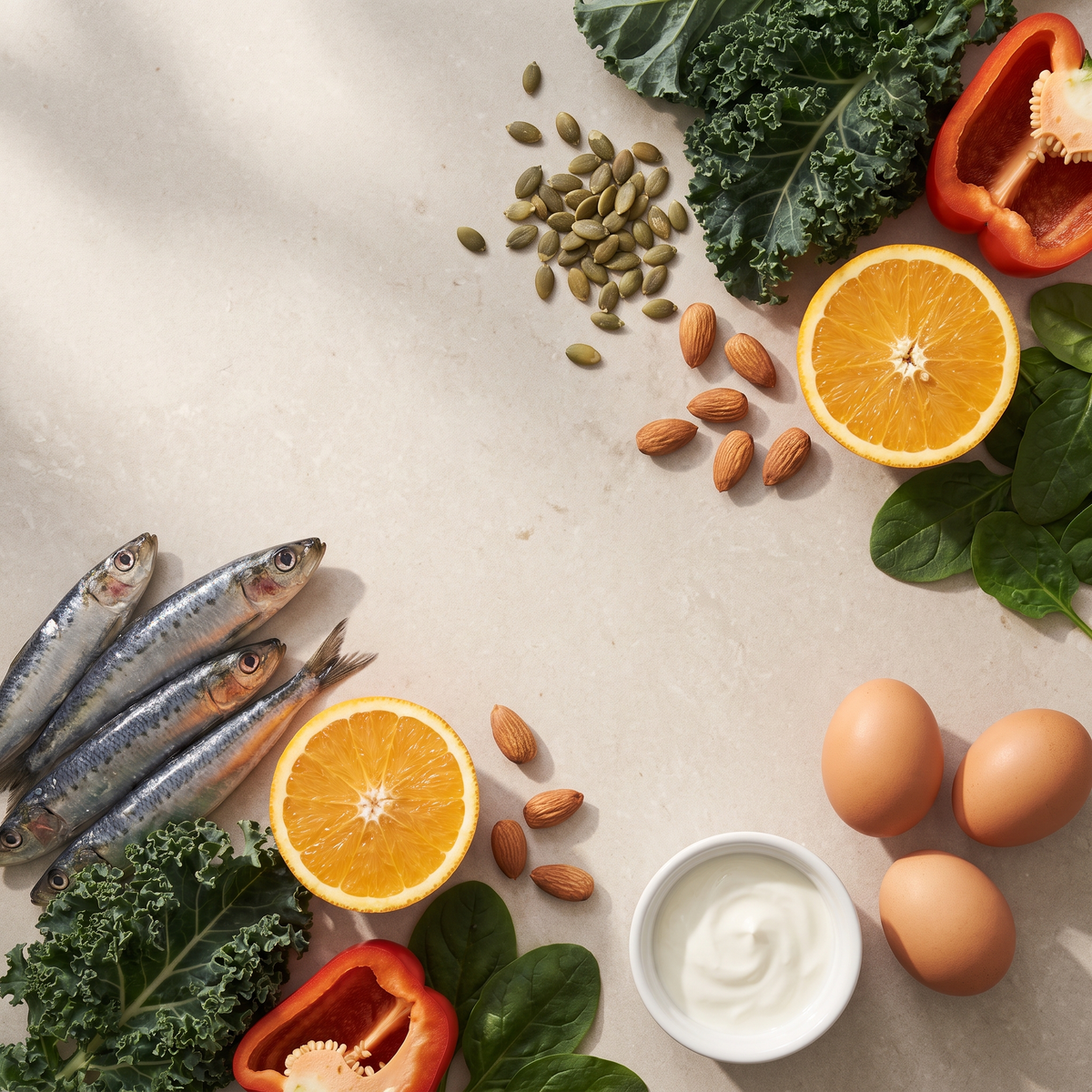 Flatlay met sardines, bladgroenten, noten, zaden, sinaasappel en ei
