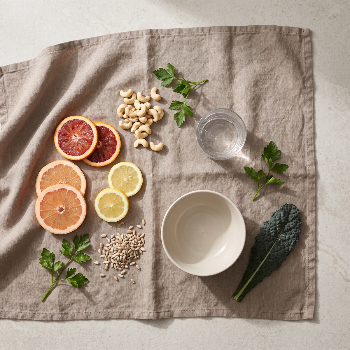 Flatlay met citrusvruchten, noten, zaden en verse kruiden op linnen