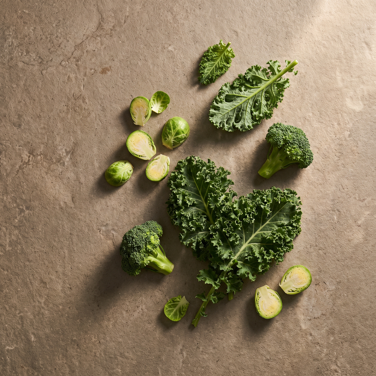 Boerenkool, broccoli en spruiten op een warme stenen ondergrond