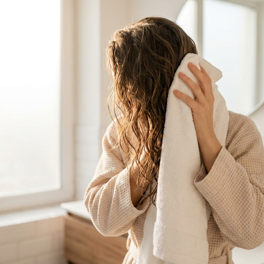 Vrouw dept haar haar met een zachte handdoek
