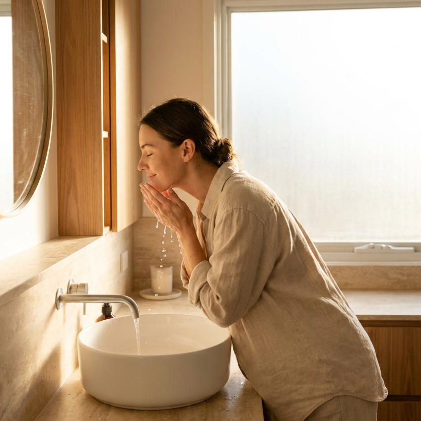 Vrouw wast haar gezicht met lauw water