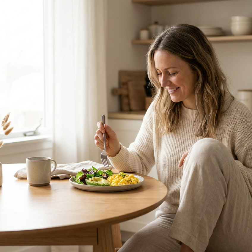 Vrouw eet rustig haar ontbijt aan de keukentafel bij het raam
