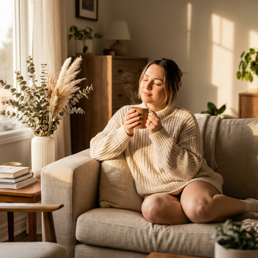 Vrouw met een kop kruidenthee neemt een rustig moment op de bank