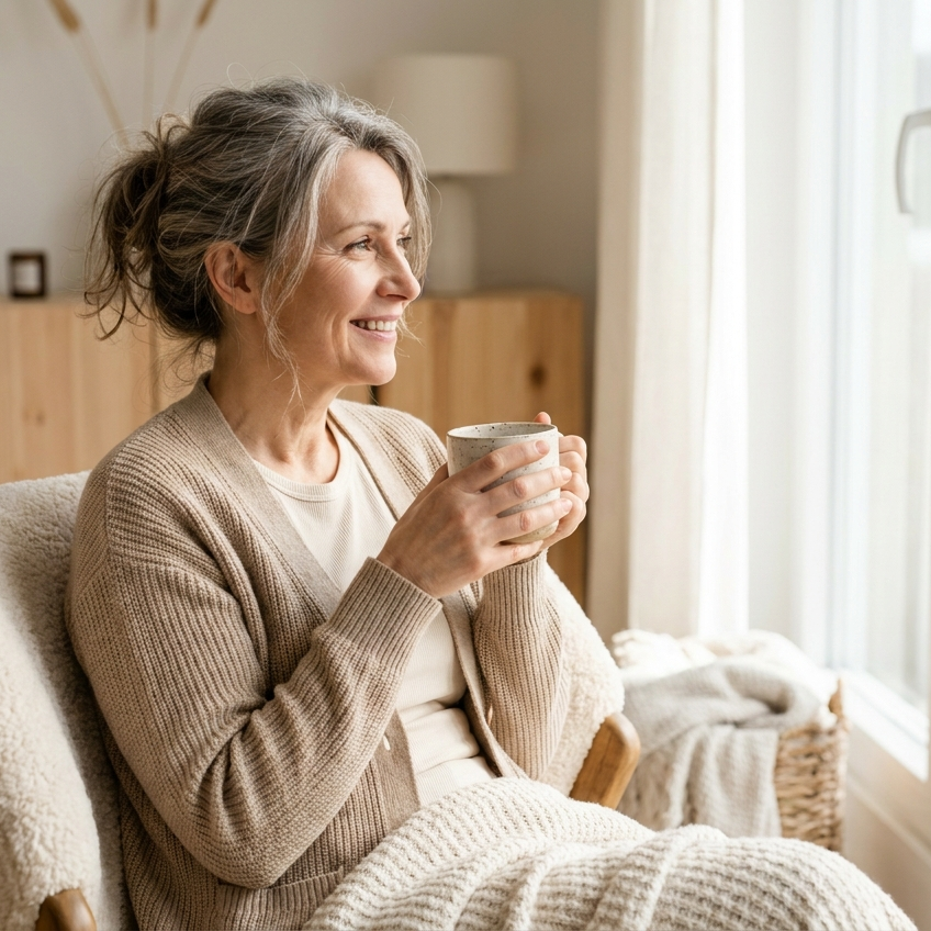 Rustige vrouw met een kop thee bij het raam in ochtendlicht