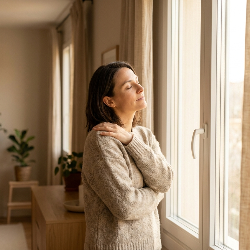 Vrouw in zacht ochtendlicht bij het raam, in rust