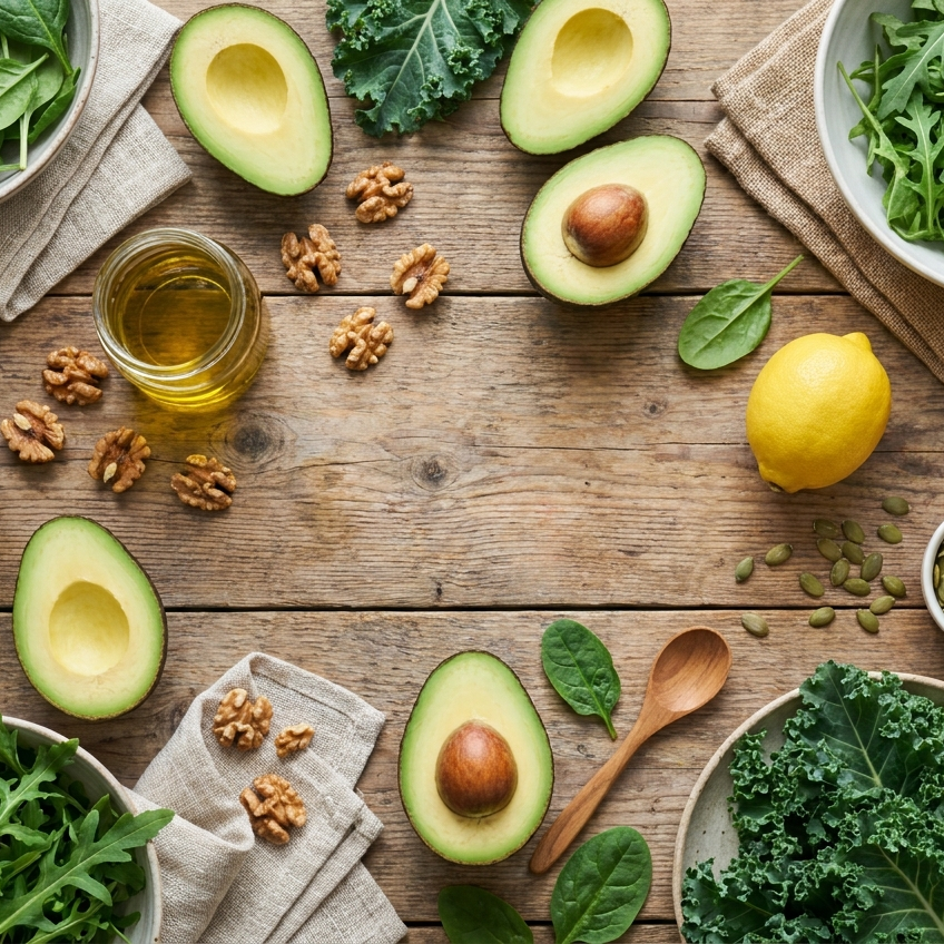 Flatlay met bladgroenten, avocado, noten en olijfolie