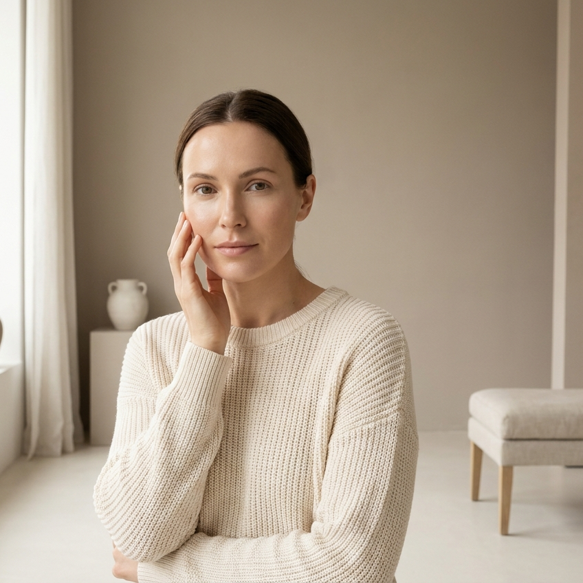 Vrouw met kalme, gezonde huid bij zacht raamlicht