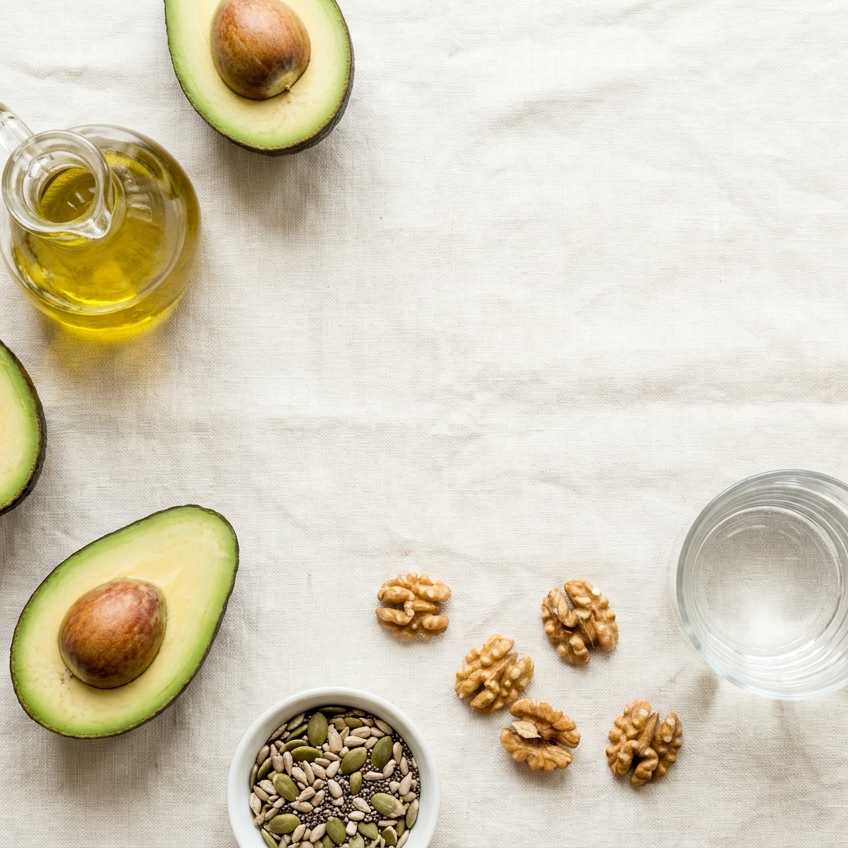 Flatlay met gezonde vetten: avocado, walnoten, olijfolie en water