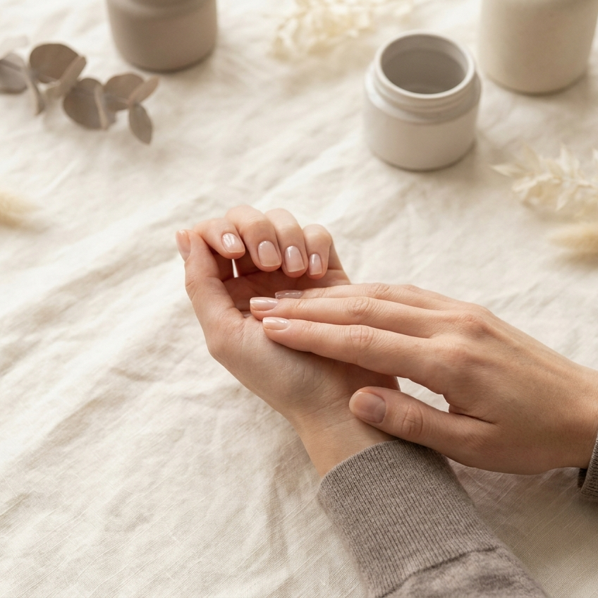 Verzorgde vrouwenhanden met natuurlijke, gezonde nagels op crème linnen