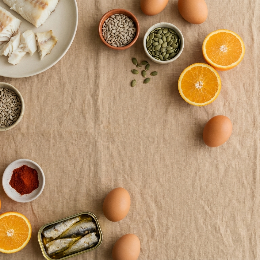 Flatlay met vis, eieren, zaden en citrus als bron van bouwstoffen