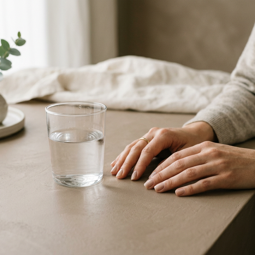 Verzorgde handen naast een glas water in een rustige, high-end setting