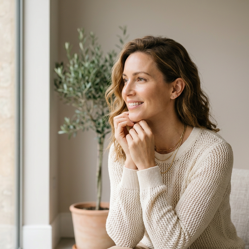 Vrouw met een egale, verzorgde huid in zacht daglicht