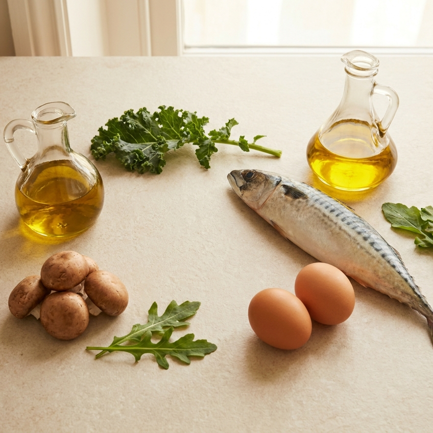 Flatlay met vette vis, eieren en olijfolie
