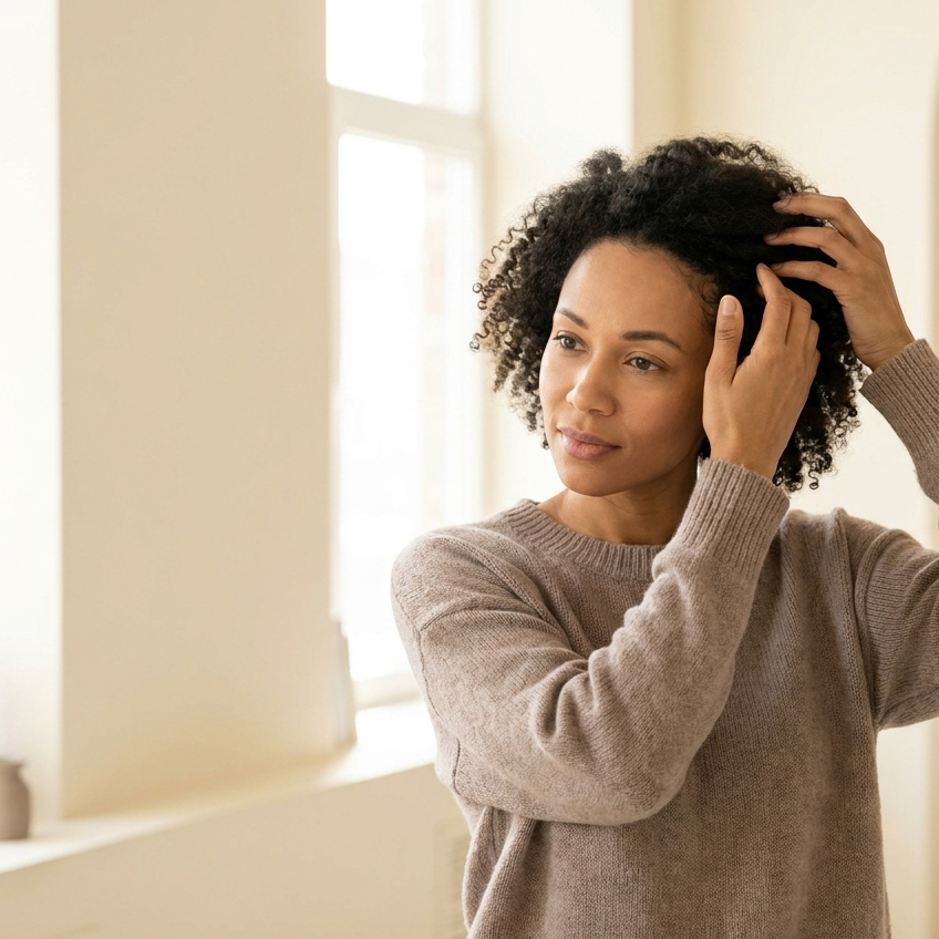 Vrouw raakt rustig haar haarlijn en hoofdhuid aan bij zacht raamlicht