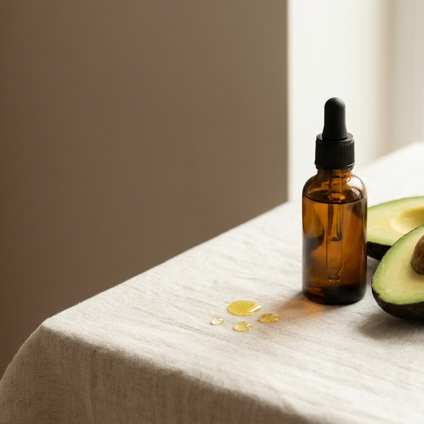 Amberkleurige glazen oliefles met pipet naast een halve avocado