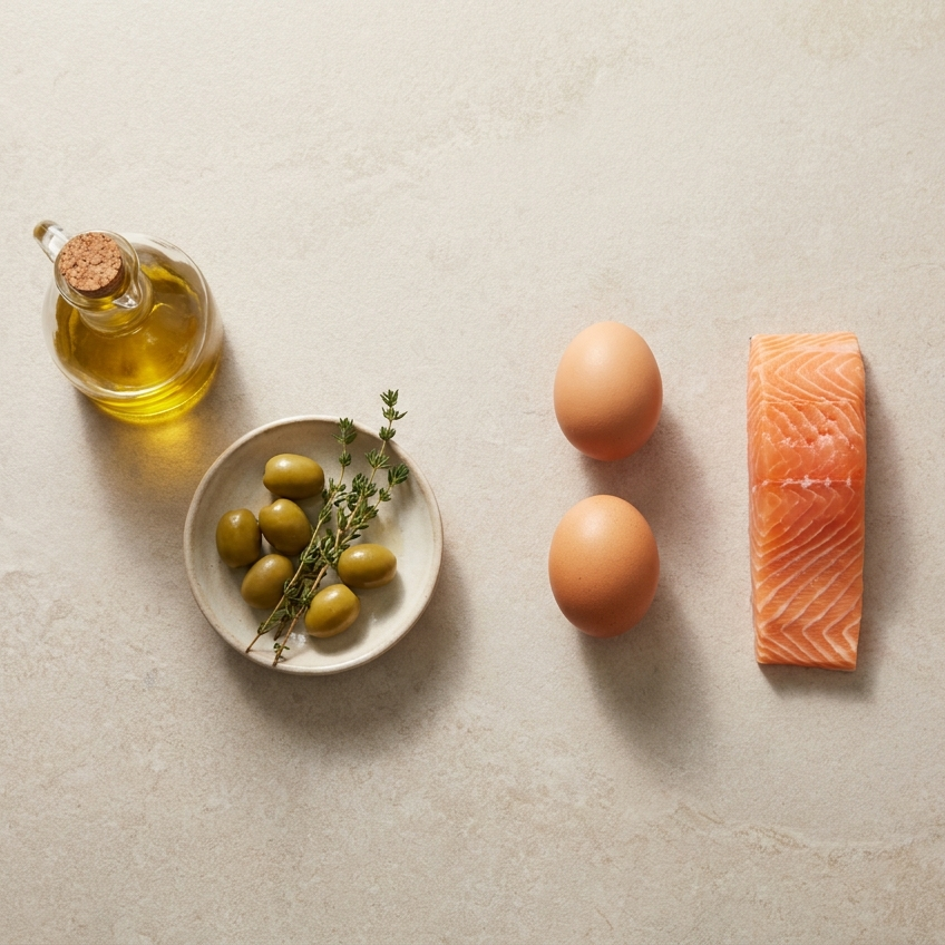 Flatlay met olijfolie, olijven, ei en zalm