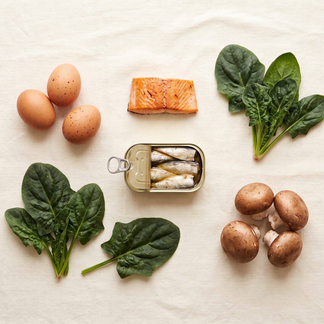 Flatlay met verse voeding rijk aan vitamine B12