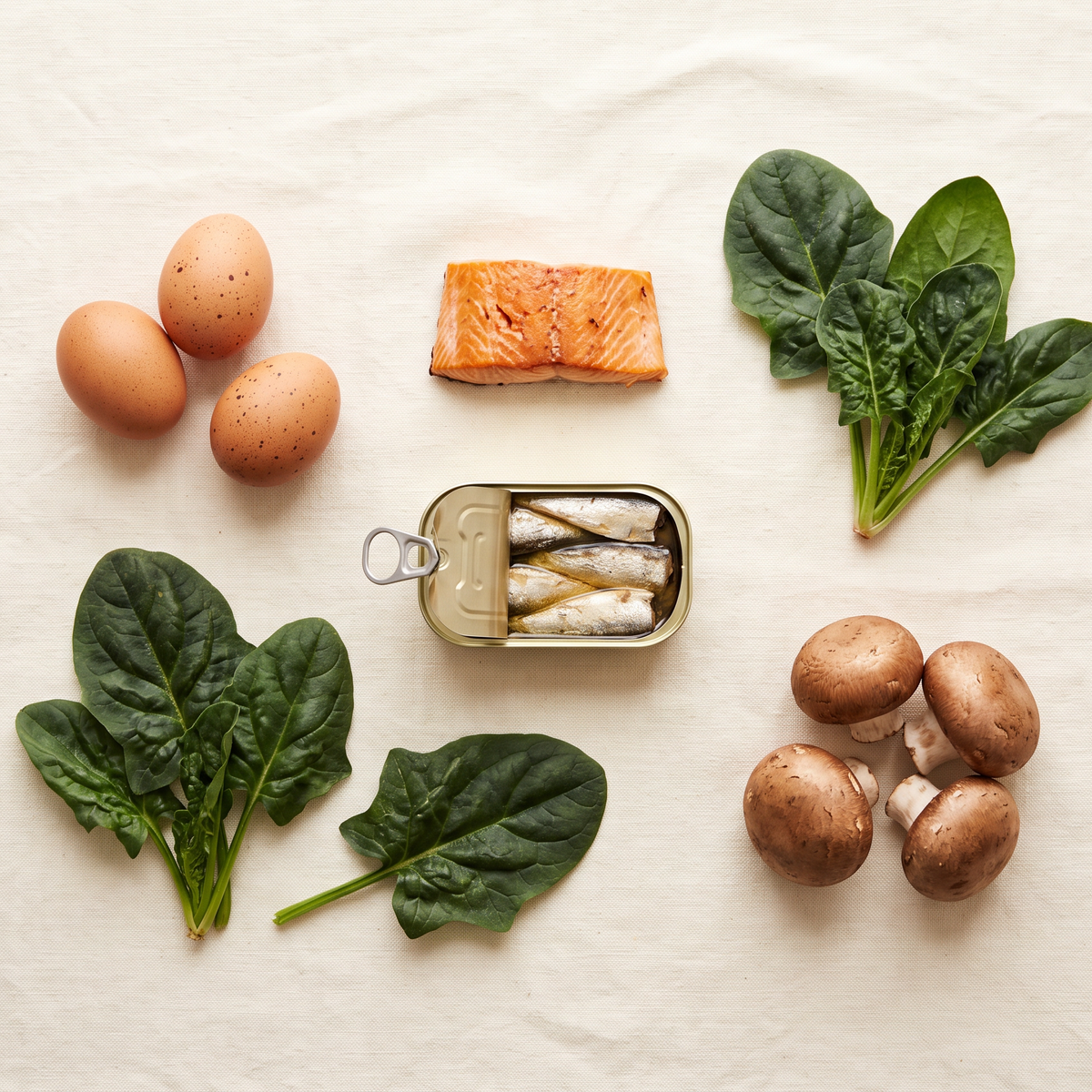 Flatlay met verse voeding rijk aan vitamine B12