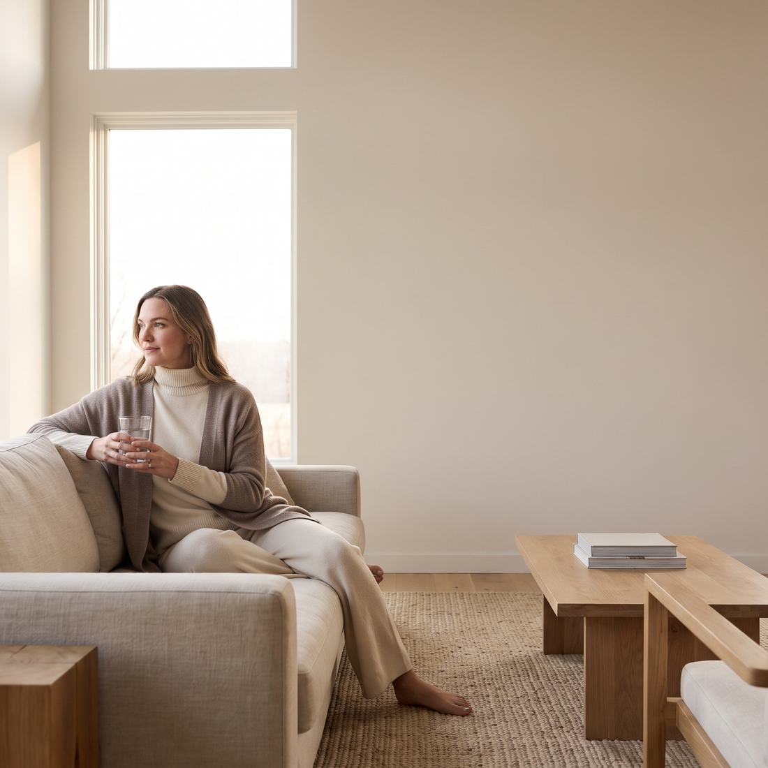 Vrouw met een glas water in een licht interieur