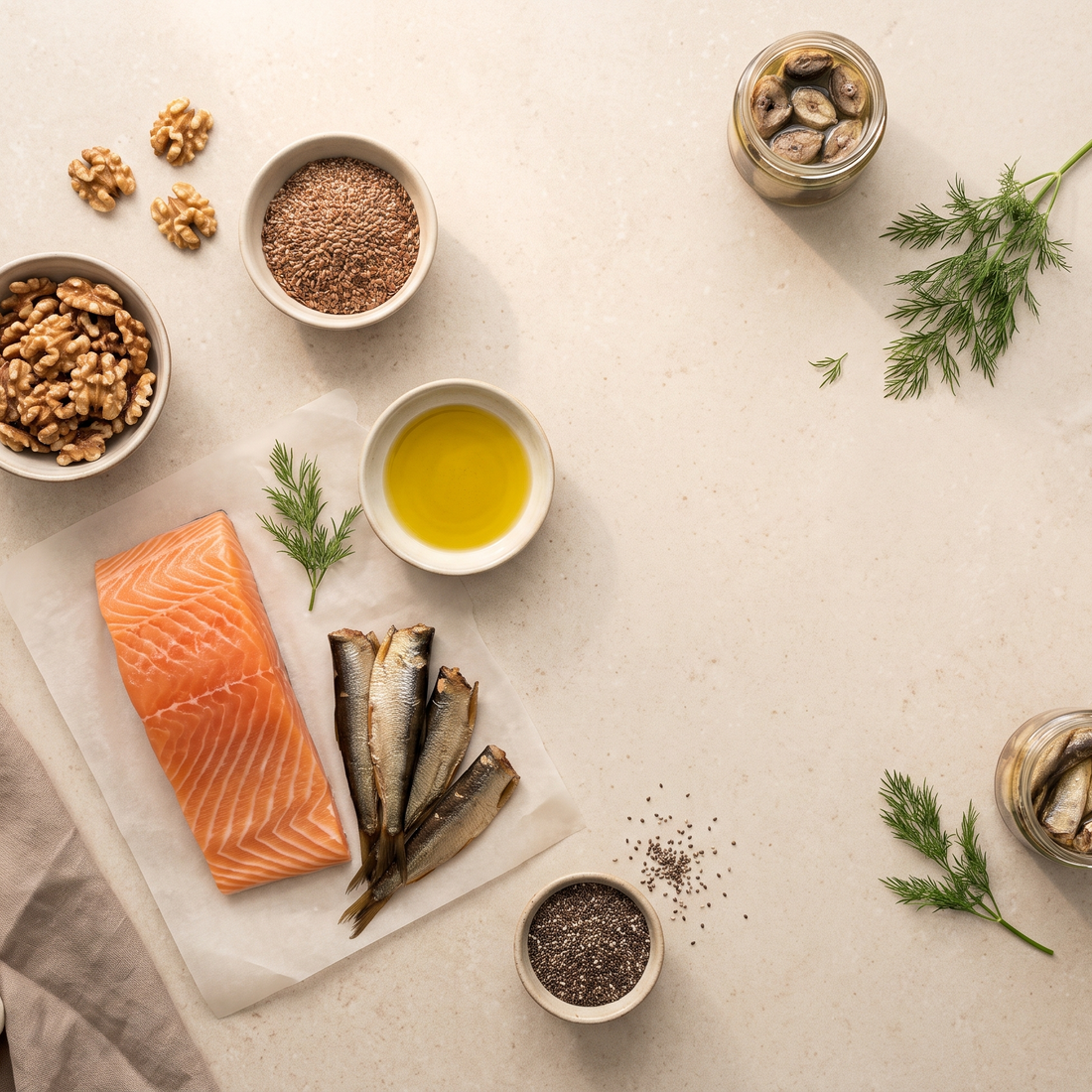Flatlay met verse zalm, sardines, walnoten, lijnzaad en chiazaad