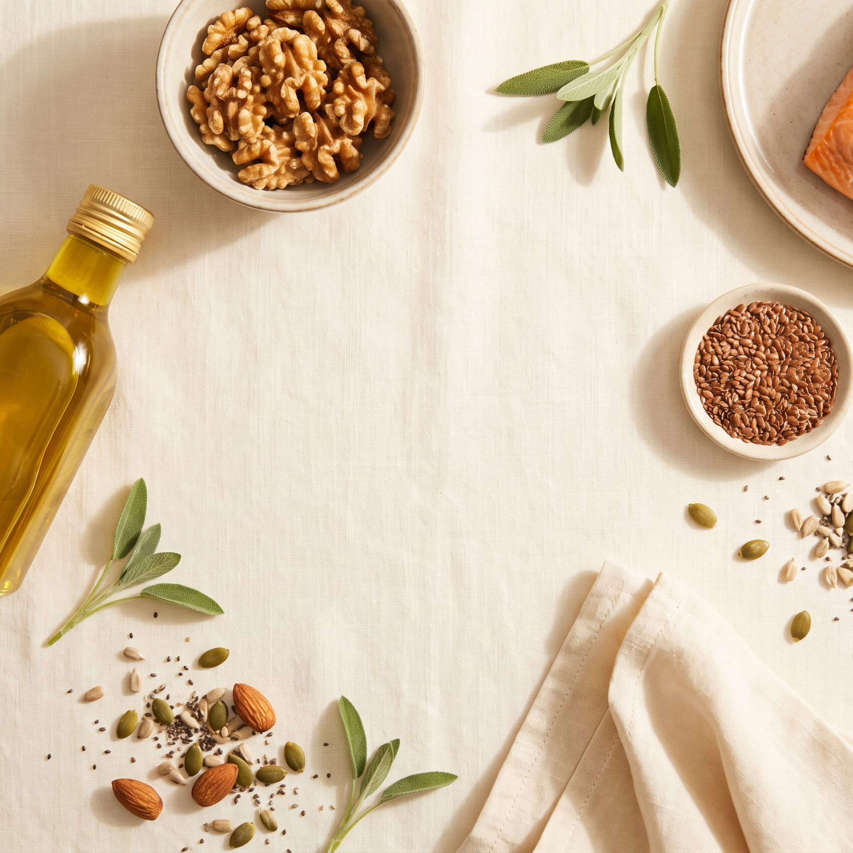 Flatlay met olijfolie, walnoten, zalm en zaden in balans
