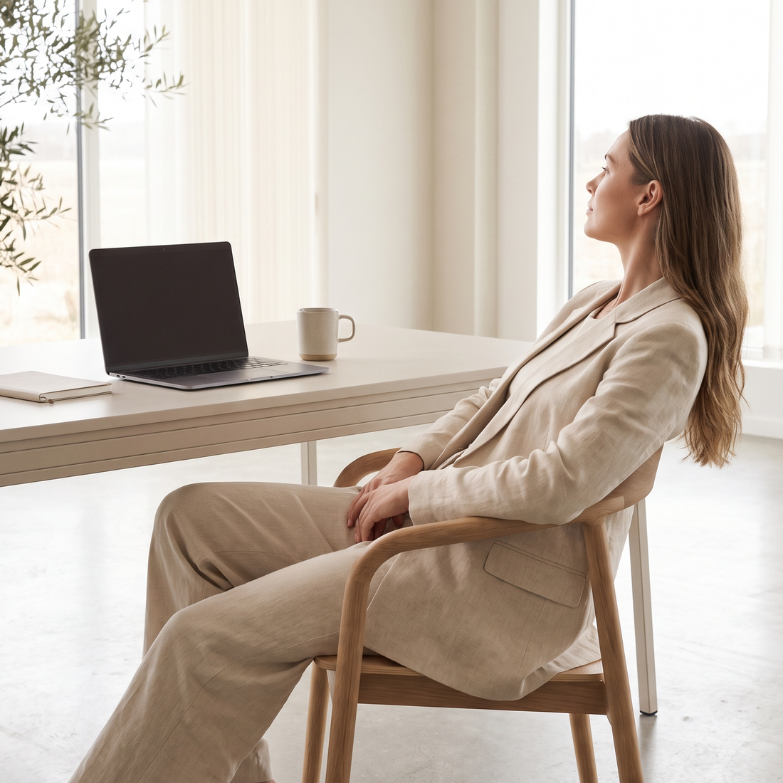 Vrouw neemt even pauze van haar laptop en kijkt naar buiten