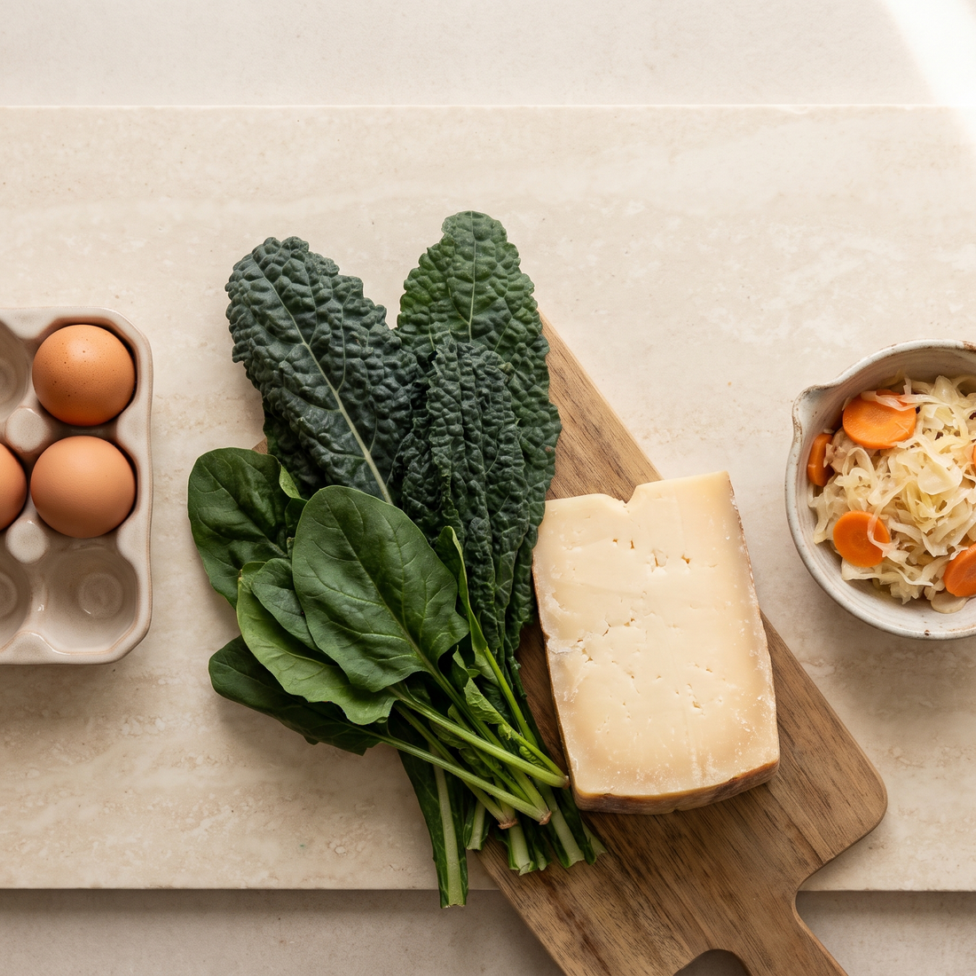 Flatlay met eieren, bladgroente en gefermenteerde voeding
