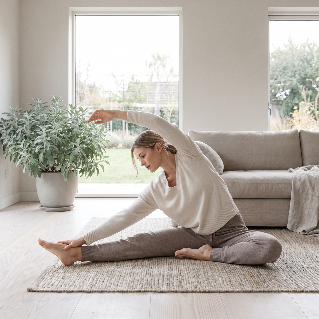 Vrouw doet een rustige stretch in een licht, ruim interieur