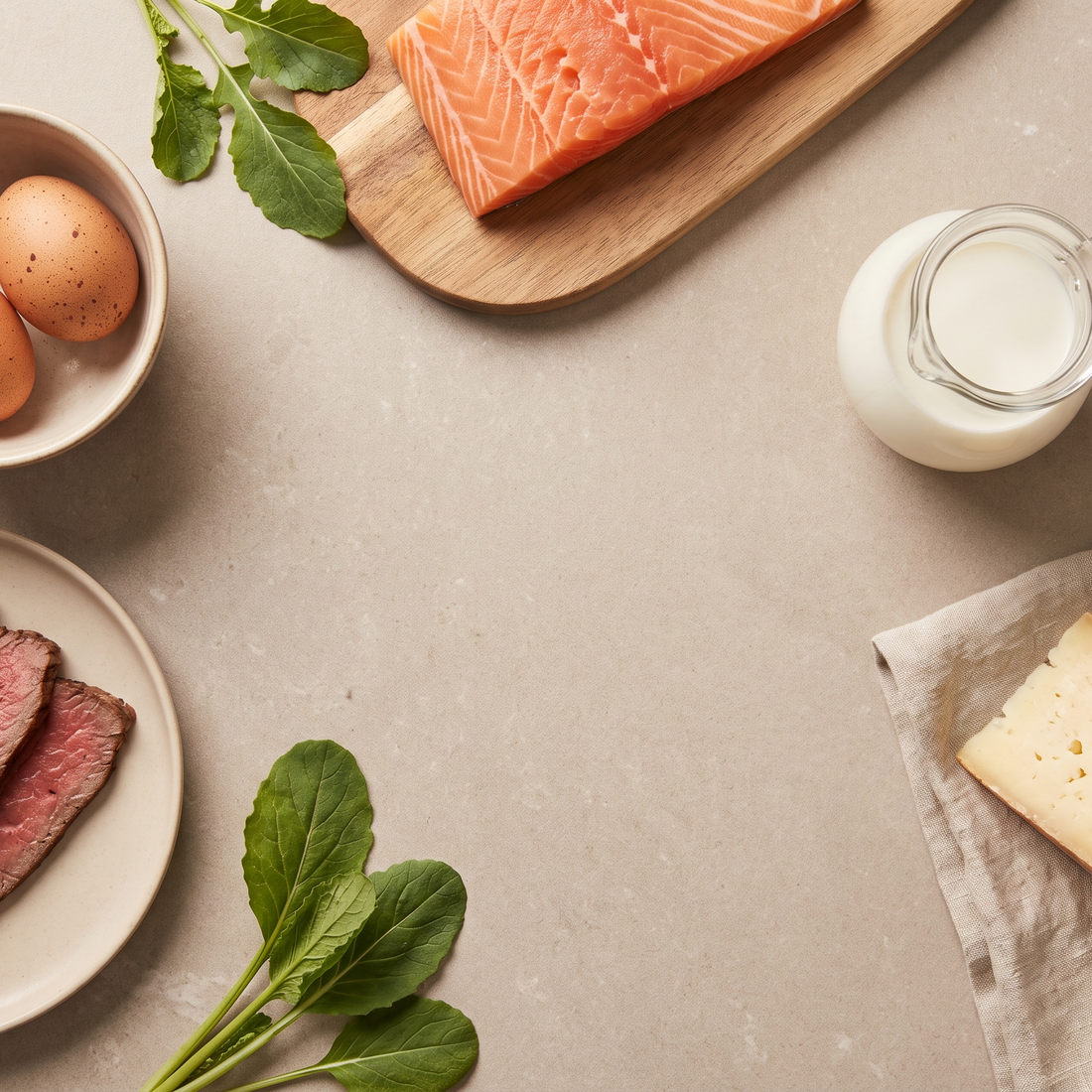 Flatlay met eieren, zalm, vlees, melk en kaas als bronnen van vitamine B12