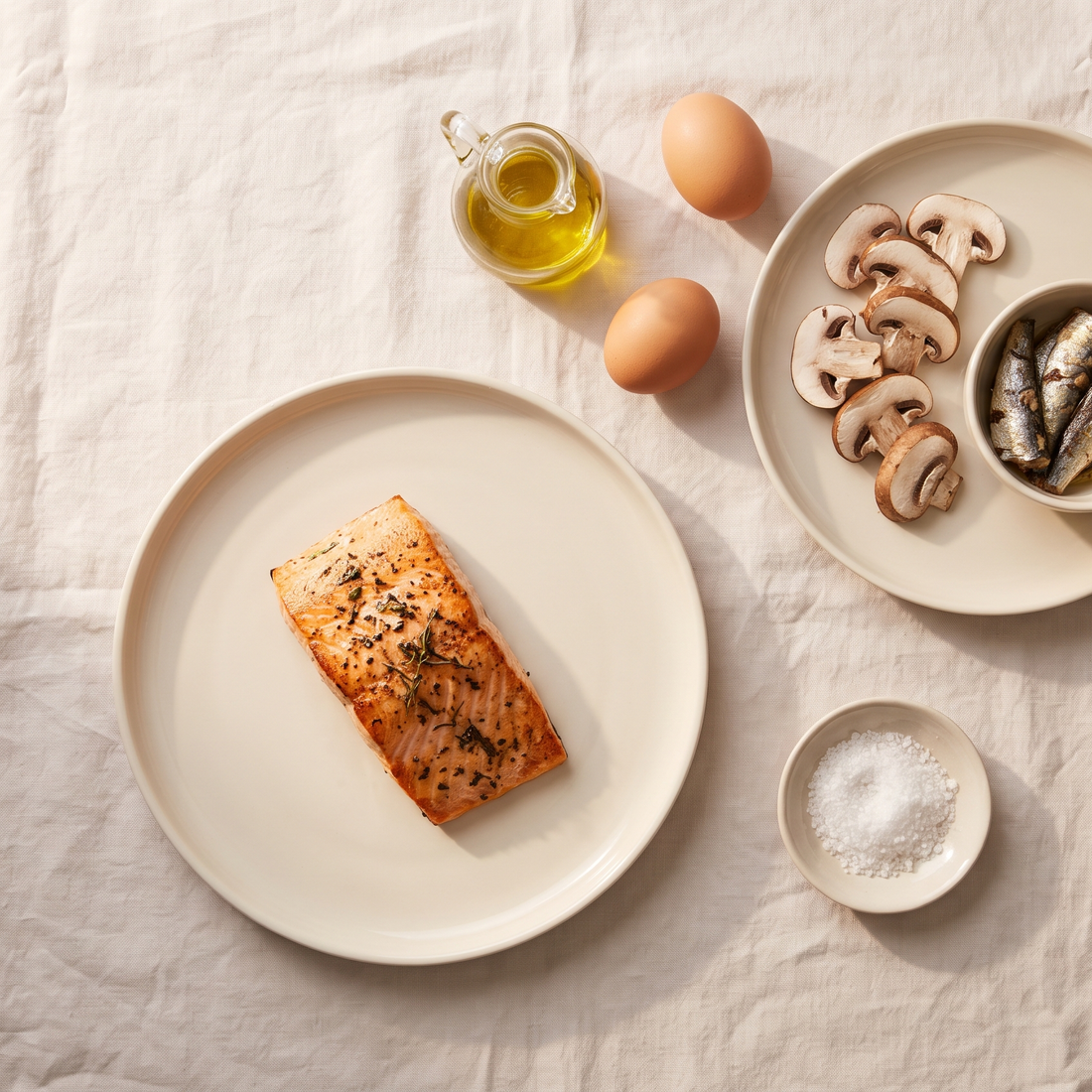 Vitamine D-rijke voeding: zalm, eieren, paddenstoelen, sardines en olijfolie
