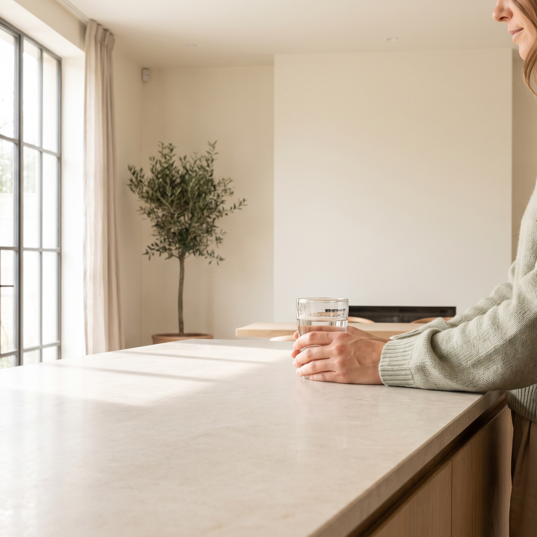 Ochtendzon door een hoog raam in een rustig, licht interieur