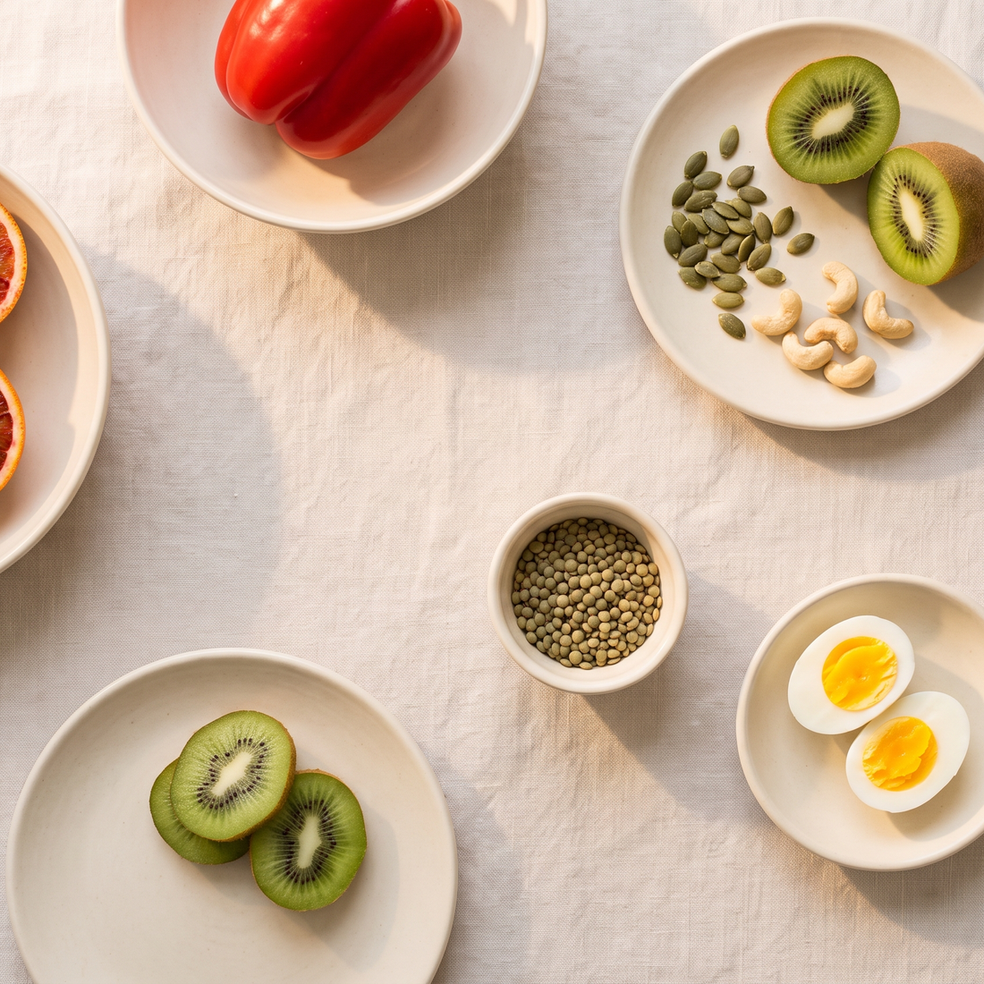 Bouwstenen voor collageen: citrus, paprika, kiwi, noten, zaden, linzen en ei