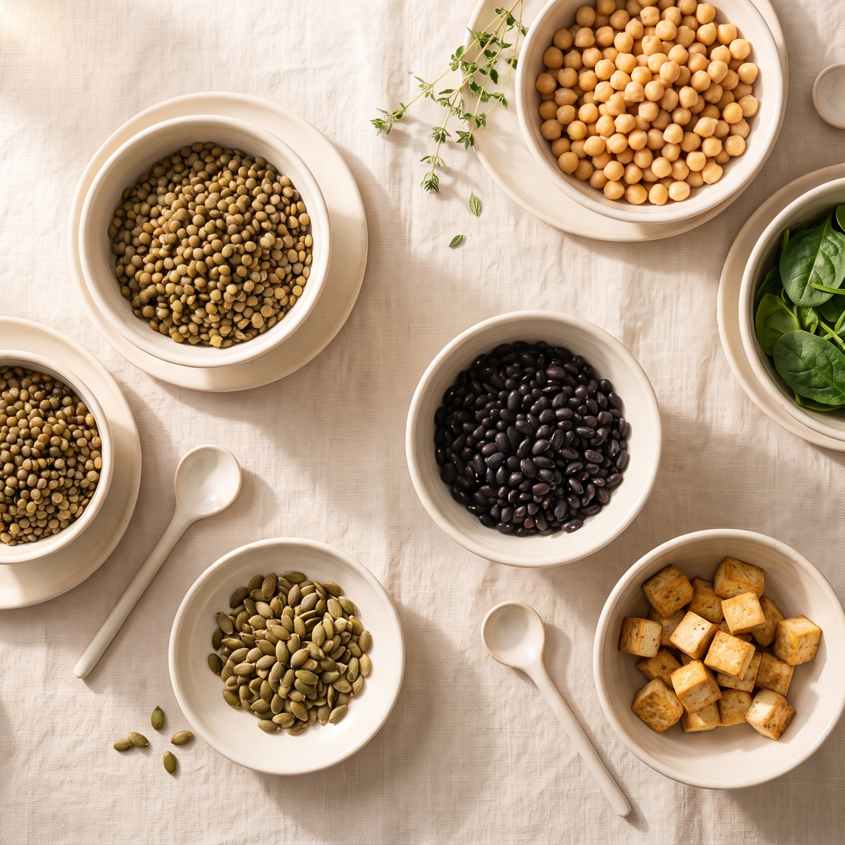 Linzen, kikkererwten, zwarte bonen, spinazie, pompoenpitten en tofu