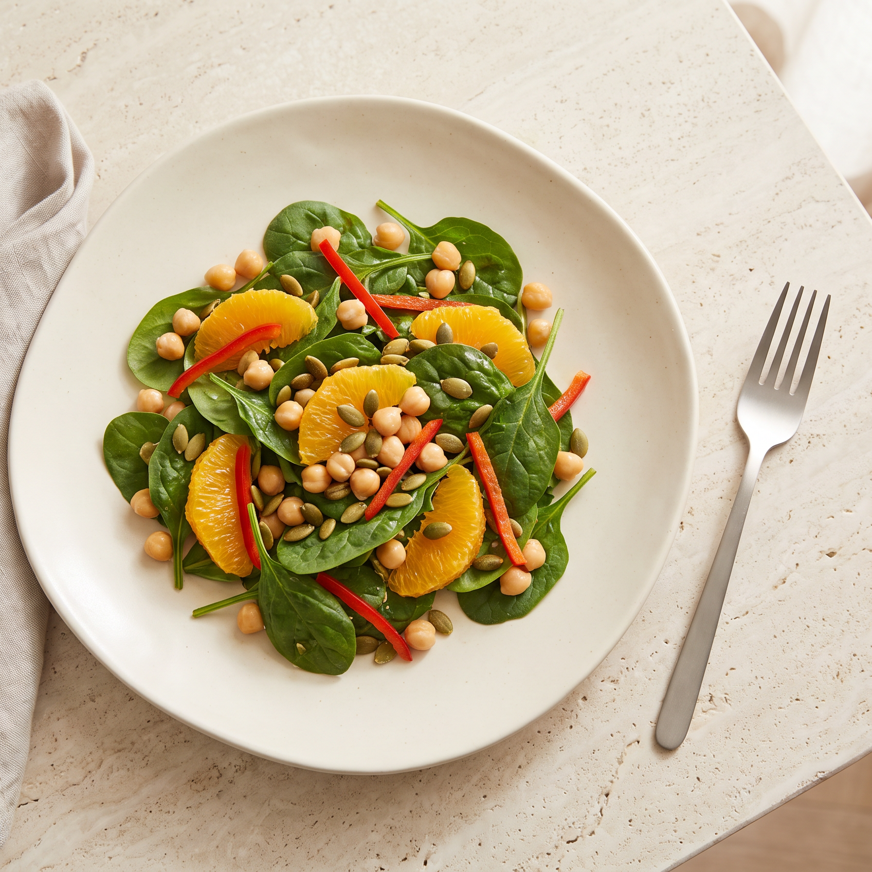 Salade van spinazie, kikkererwten, sinaasappel en paprika op een licht bord