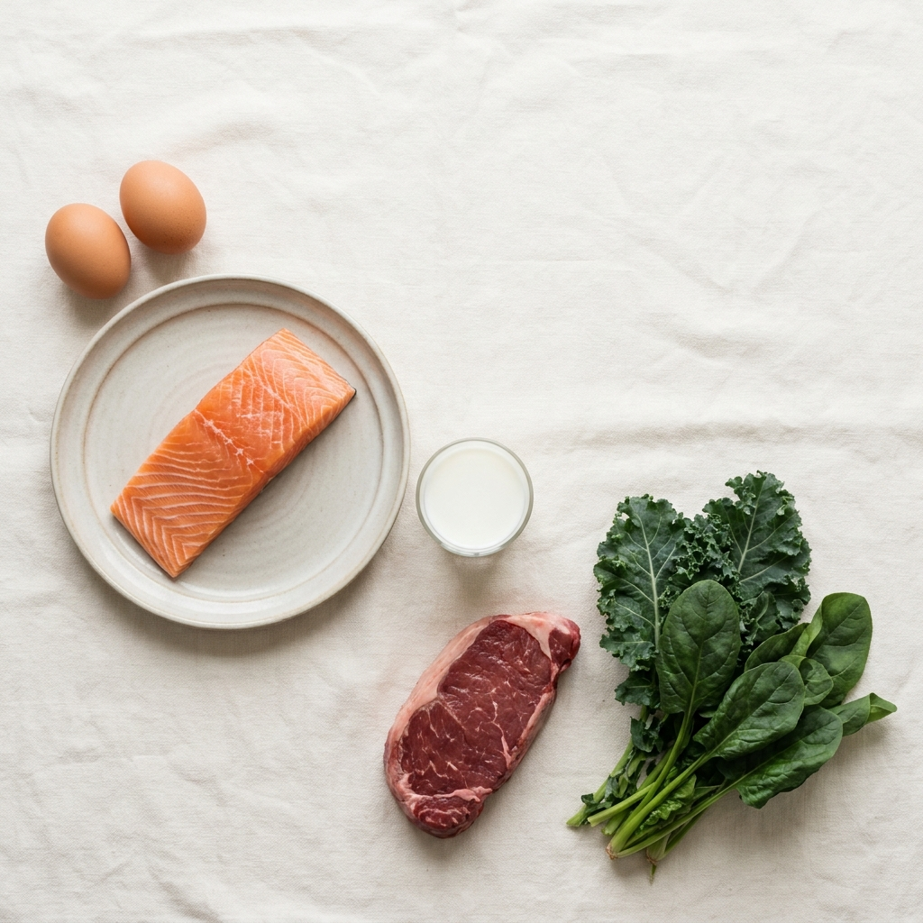 Flatlay met verse, voedzame producten